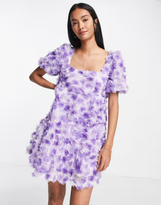 Lost Ink back detail textured mini smock dress in purple | ASOS (Global)