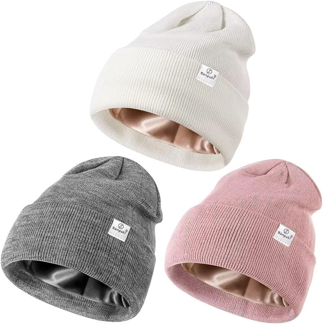 3 Pack Satin Lined Winter Beanie Hats for Women Men,Silk Lined Beanie Knit Soft Warm Cuffed Hat | Amazon (US)