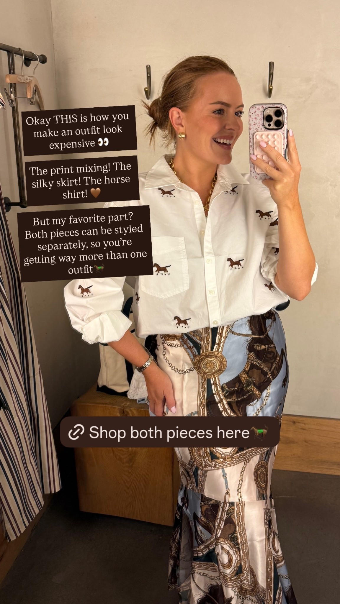 Okay THIS is how you make an outfit look expensive 👀

The print mixing! The silky skirt! The horse shirt! 🤎

But my favorite part?
Both pieces can be styled separately, so you’re getting way more than one outfit🐎