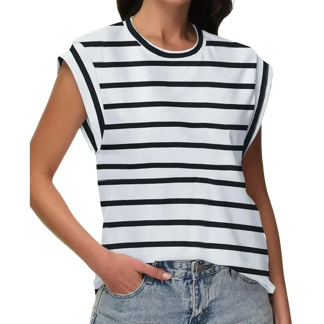 Fantaslook Cap Sleeve Tops for Women Casual Crewneck Tank Tops Summer Basic Tee Shirts | Walmart (US)