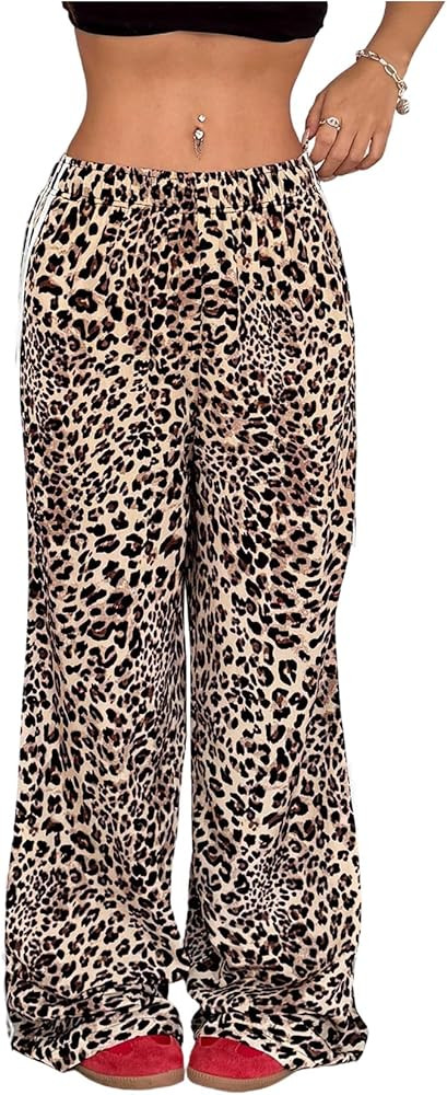 OYOANGLE Women's Leopard Print Striped Knot Side Trousers High Waist Straight Leg Baggy Pants | Amazon (US)