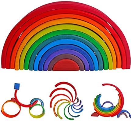 Wooden Rainbow Stacking Toys, 12 Pcs Wood Building Blocks Set， Wooden Building Blocks Nesting P... | Amazon (US)