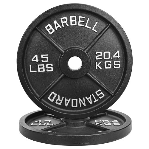 【45LB Pair】2" Cast Iron Weight Plates | (2 x 45LB) Black Plates with Silver Numbers | For Standard Barbell Bars & Home Gyms | Amazon (US)