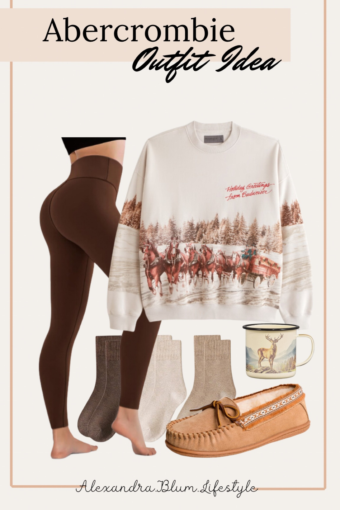 Cute graphic sweatshirt from Abercrombie! Casual outfit idea for mountain vacations, ski outfit, and resort wear! Dark Brown leggings, boot socks and Minnetonka slippers all from Amazon! Outdoor outfit idea! Hiking outfit! 

#LTKFindsUnder100 #LTKSeasonal #LTKShoeCrush