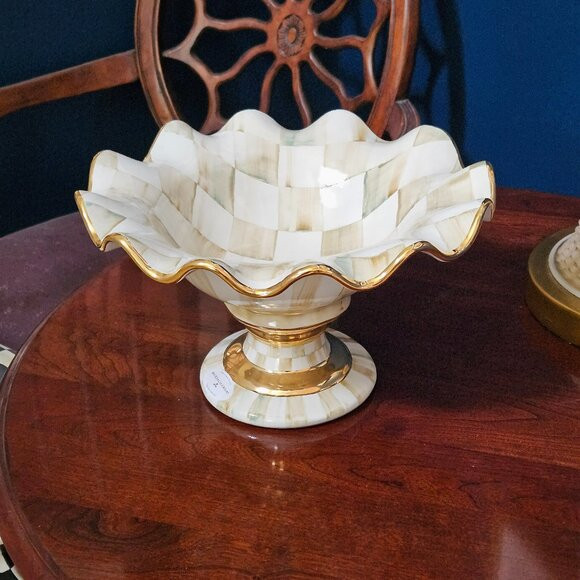 RARE MACKENZIE CHILDS FLUTED PARCHMENT CHECK CERAMIC FOOTED COMPOTE BOWL DISH | Poshmark