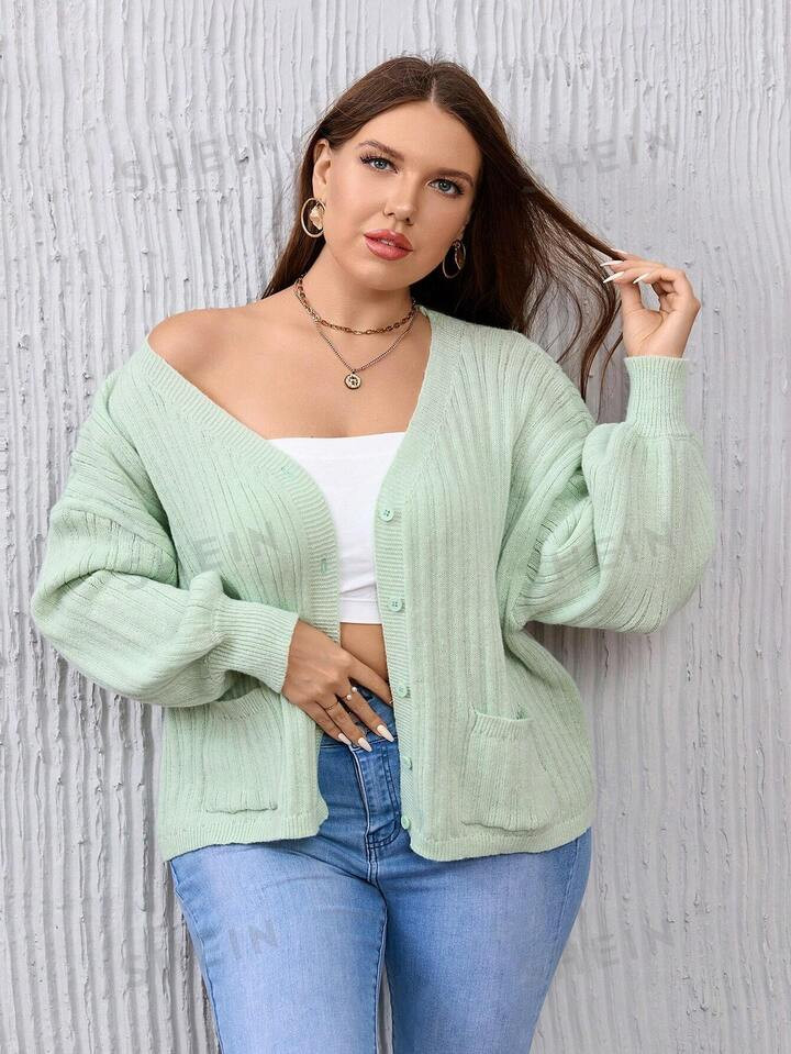 SHEIN Essnce Plus Drop Shoulder Pocket Patched Cardigan | SHEIN