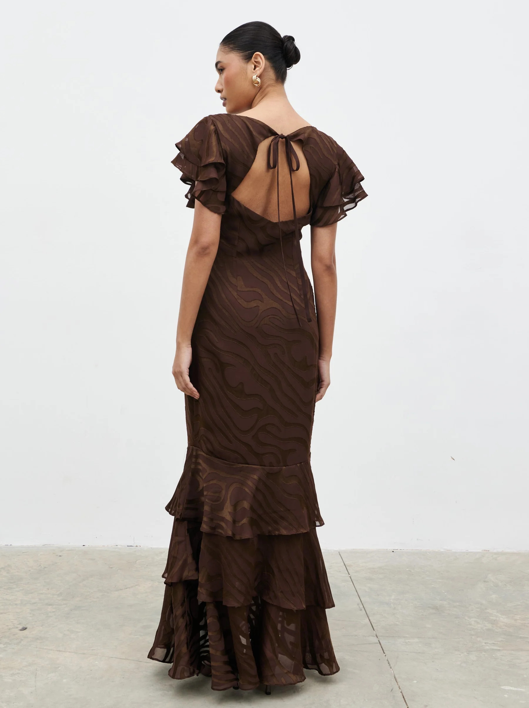 Ester Ruffle Jacquard Maxi Dress - Brown Devore | Pretty Lavish (UK)