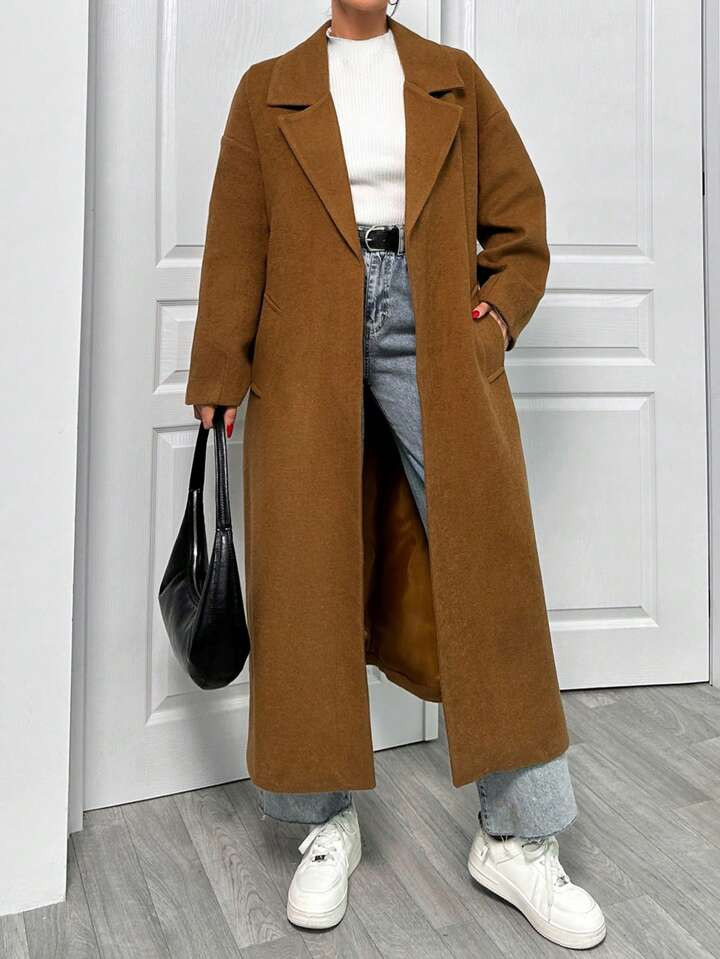 SHEIN Lapel Neck Double Breasted Slant Pocket Waist Belt Tie-Up  Woolen Overcoat | SHEIN