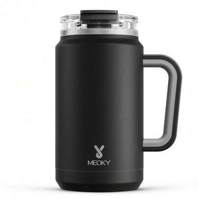 [MEOKY]Meoky 32/50 Oz Stainless Steel Handle Mug, Vacuum Insulated Mug With Lid And Silicone Straw, Non-Slip Noise Reduction Silicone Pad On The Botto | SHEIN
