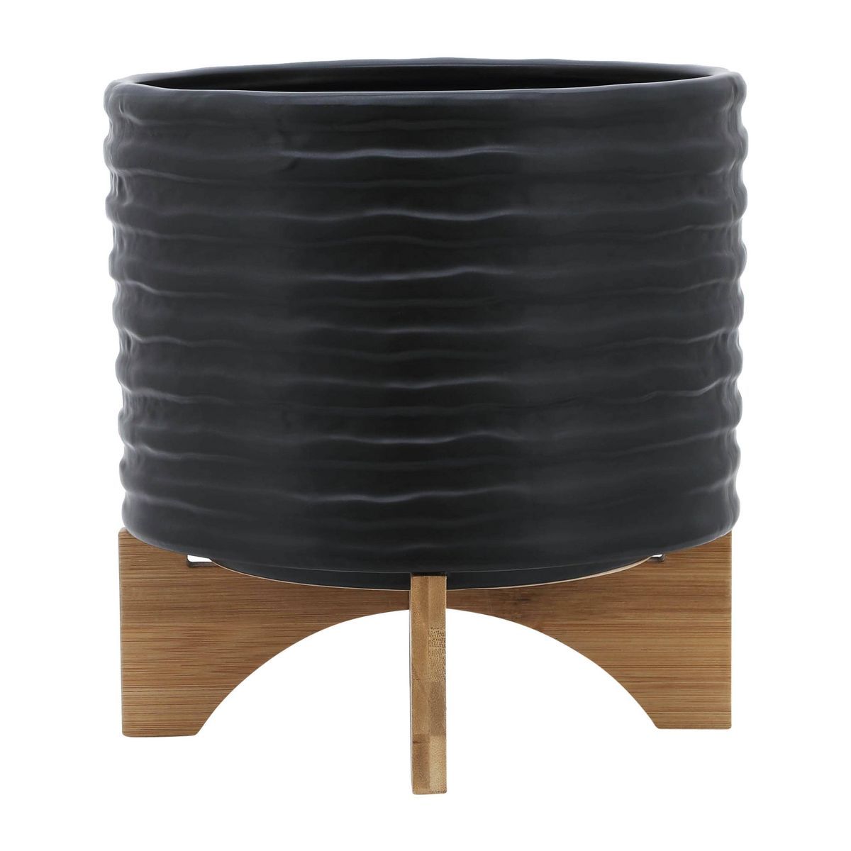 Sagebrook Home 11" Wide Textured Ceramic Planter Pot with Wood Stand Black | Target