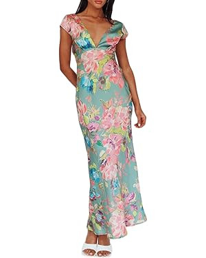 Halfisland Womens Summer Satin V Neck Cap Sleeve Backless Maxi Dress Elegant Twist Cut Out Midi D... | Amazon (US)