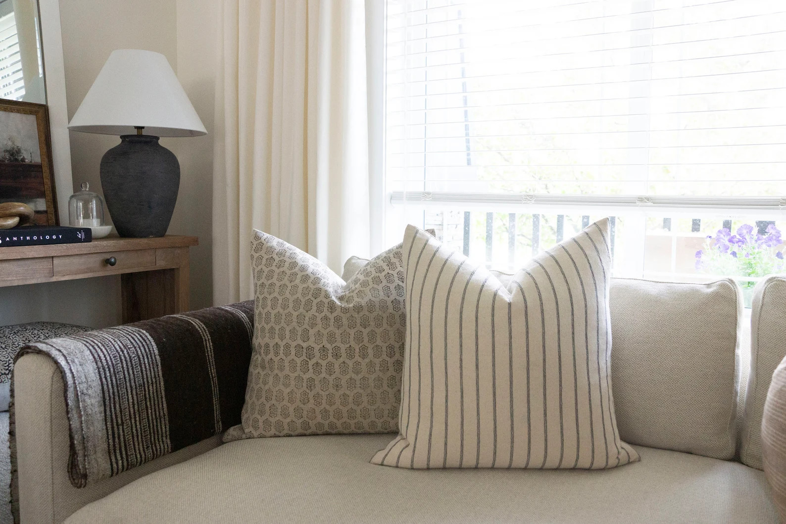 ADELE || Cream Block Print Pillow Cover Neutral Floral Pillow Cream Floral Pillow Modern Farmhous... | Etsy (US)