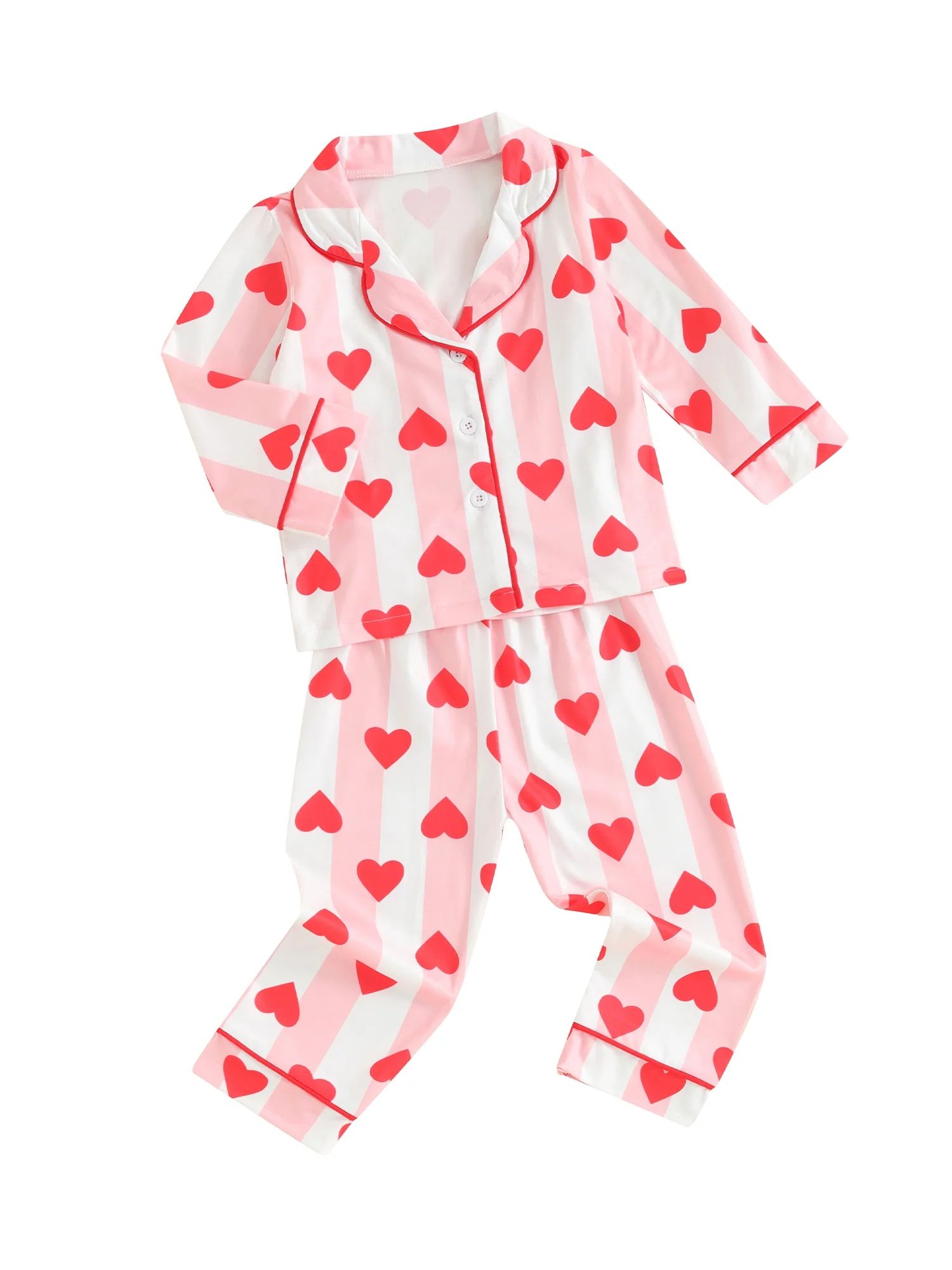 Toddler Girls Valentine Pajamas Sets Striped Heart Print Button Long Sleeves Shirt and Elastic Pa... | Walmart (US)