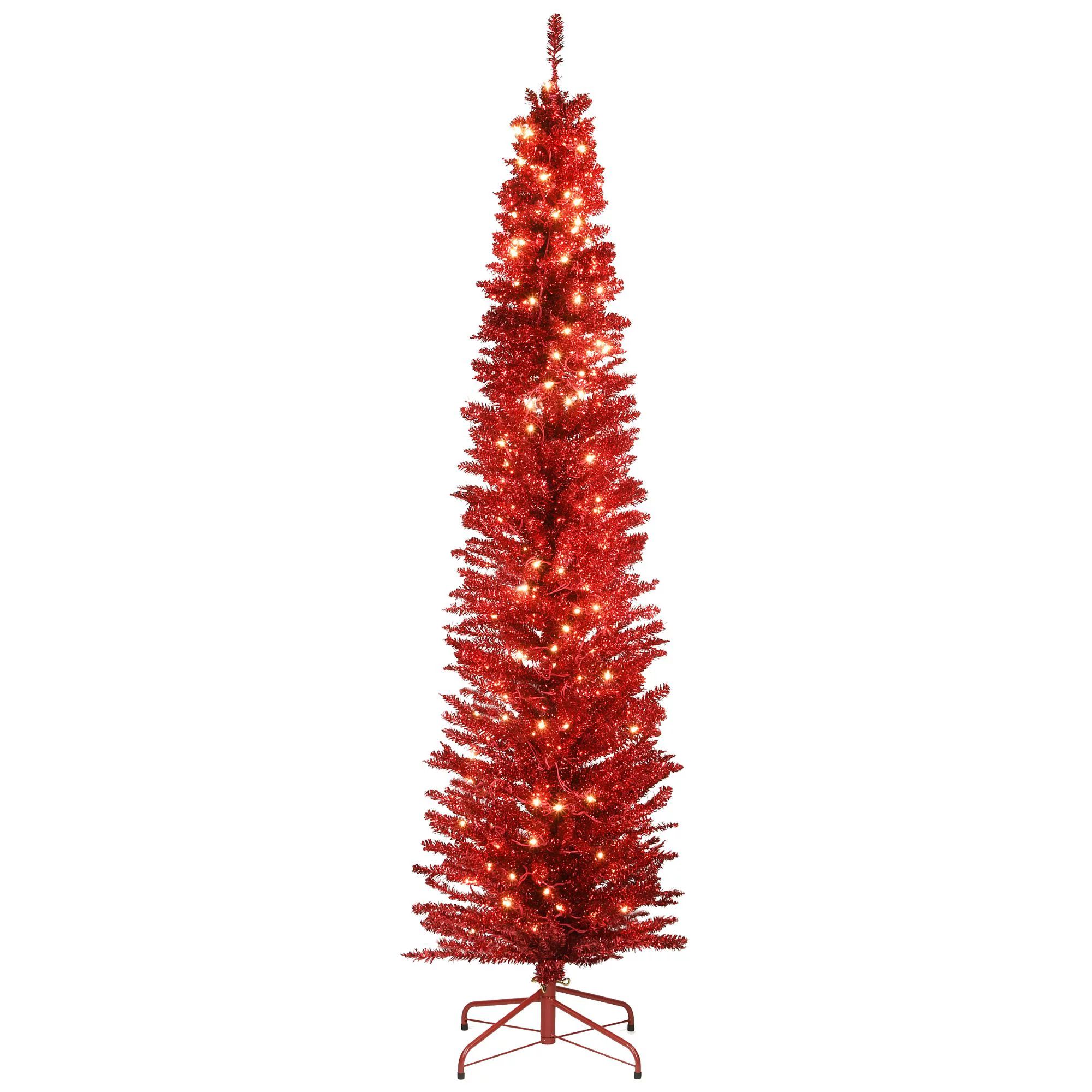 7' Pre-Lit Pencil Red Tinsel Artificial Christmas Tree - Clear Lights - Walmart.com | Walmart (US)