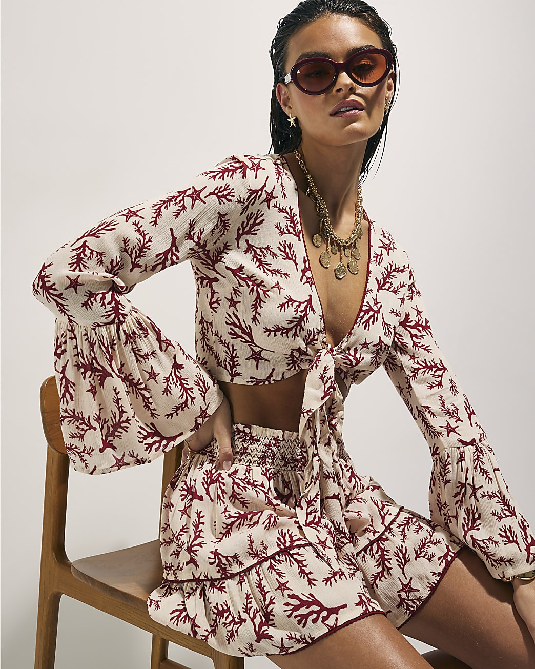 Cream Coral Print Tie Top And Skirt Set | River Island UK & IE