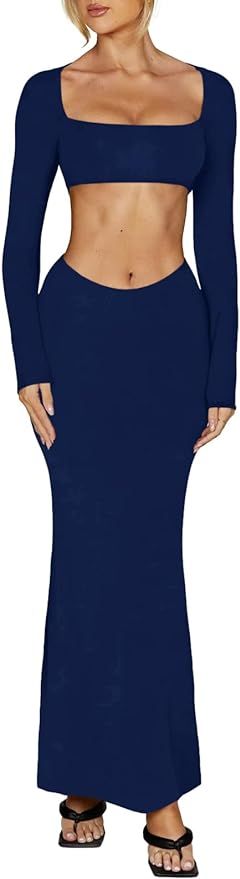 Wenrine Women's Long Sleeve Maxi Dress Cutout Waist Sexy Bodycon Square Neck Night-Out Long Club ... | Amazon (US)