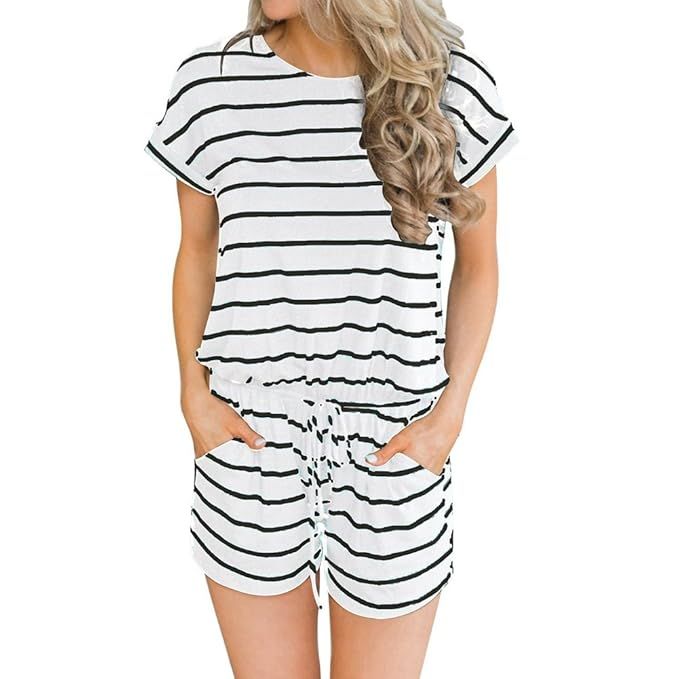ANRABESS Women's Summer Short Sleeve Striped Jumpsuit Rompers with Pockets Short Pant Rompers Pla... | Amazon (US)