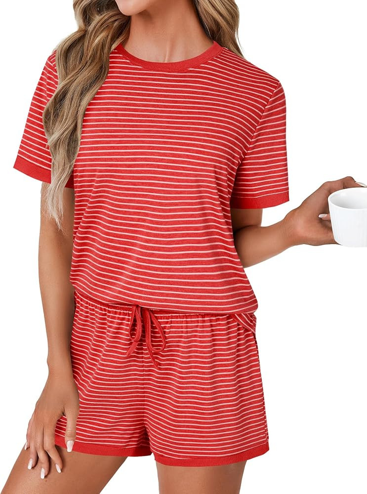 LYANER Pajama Set for Women 2 Piece Lounge Set Striped Crew neck Short Sleeve Tops and Shorts Sof... | Amazon (US)