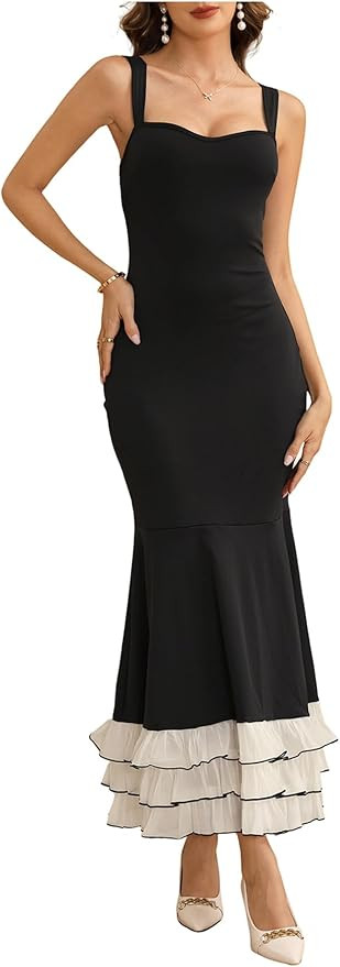 Women's Layered Ruffle Sweetheart Neckline Maxi Dress Fishtail Bodycon Evening Party Dresses | Amazon (US)