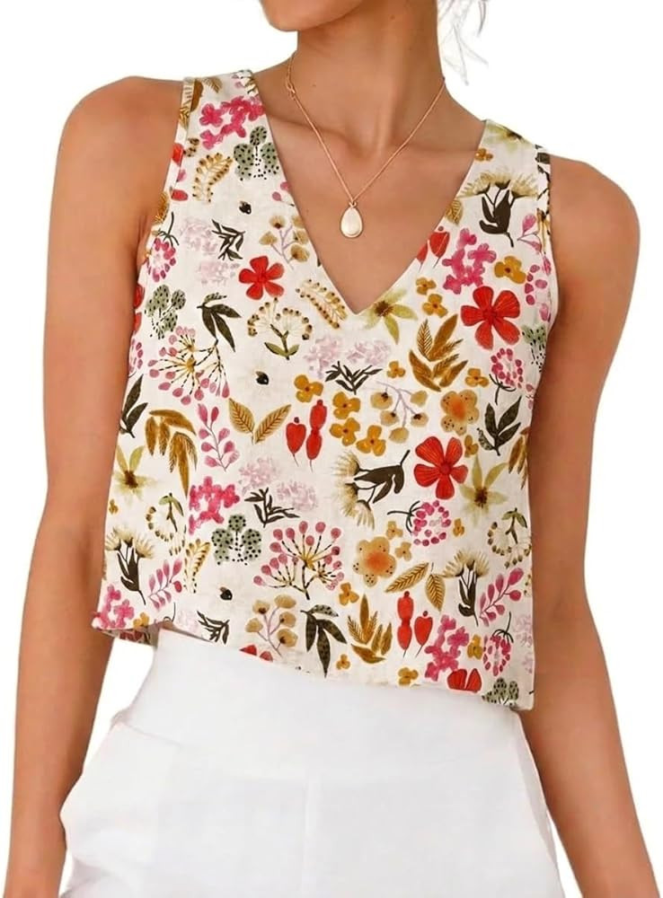 IDEALSANXUN Womens V Neck Cropped Linen Tank Tops Spring Summer Sleeveless Shirts | Amazon (US)