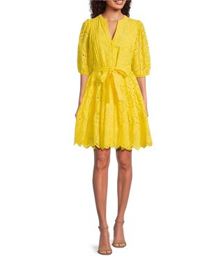 Eyelet Split Round Neck Elbow Puff Sleeve Button Down Belted Scallop Hem Pocketed A-Line Dress | Dillard's