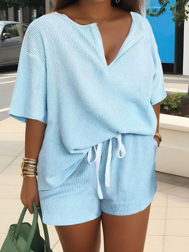 SHEIN Essnce Plus Size Women Solid Color Notched V-Neck Dolman Sleeve Loose Top And Waist Tie Sho... | SHEIN