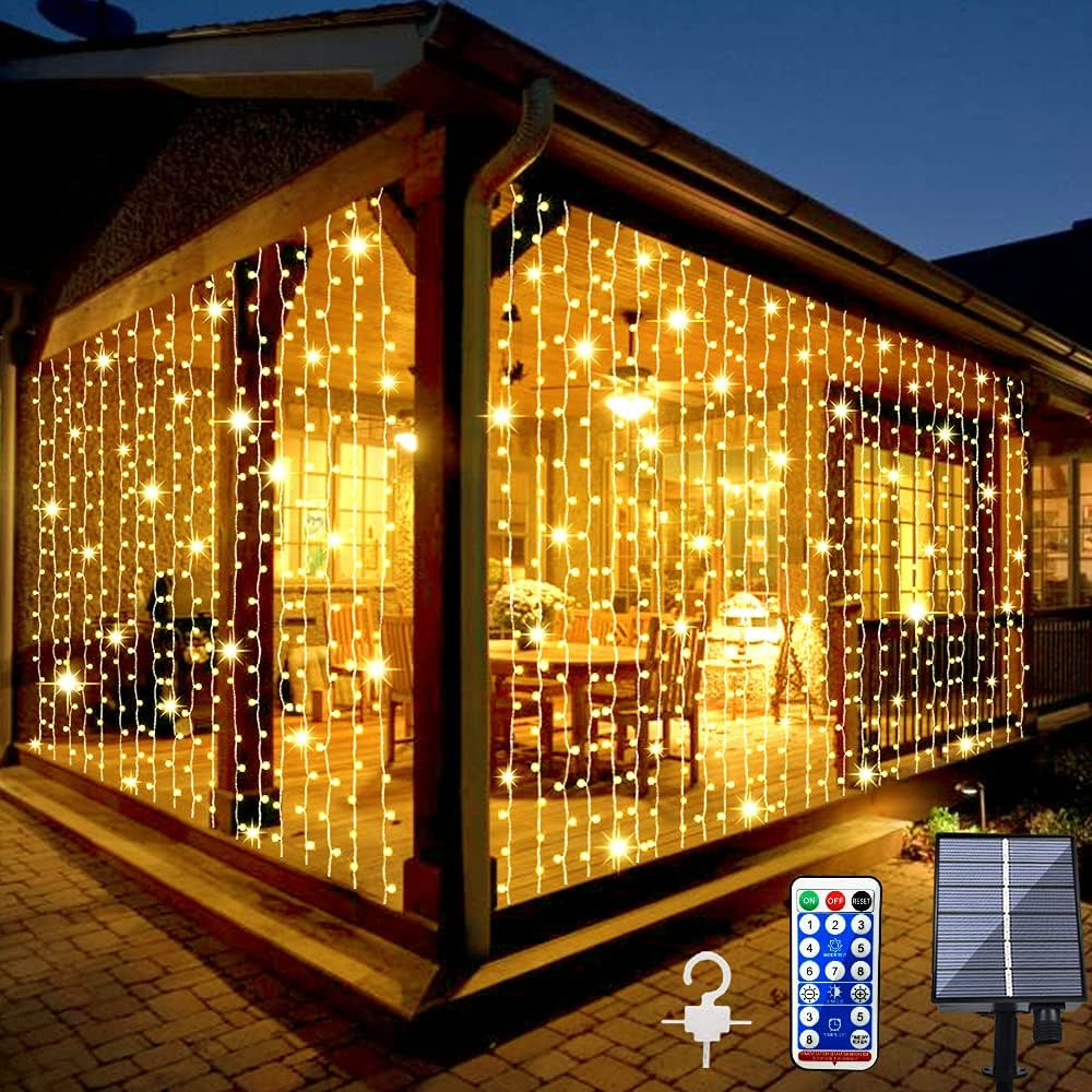 Upgraded Solar Curtain Lights Outdoor Garden Fairy String Lights 300 LED 8 Modes Remote Control W... | Amazon (US)