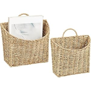 mDesign Woven Seagrass Hanging Wall Storage Basket for Flowers & Essentials, Decorative Boho Mounted | Amazon (US)