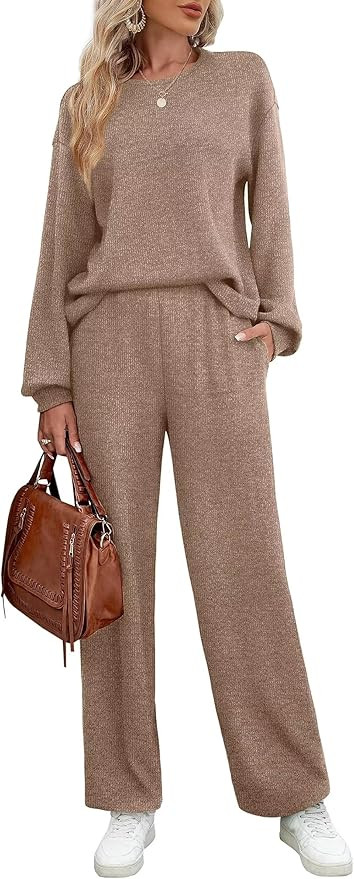 WIHOLL Womens Sweatsuits Sets Long Sleeve Crewneck Top Wide Leg Pants Two Piece Outfits | Amazon (CA)