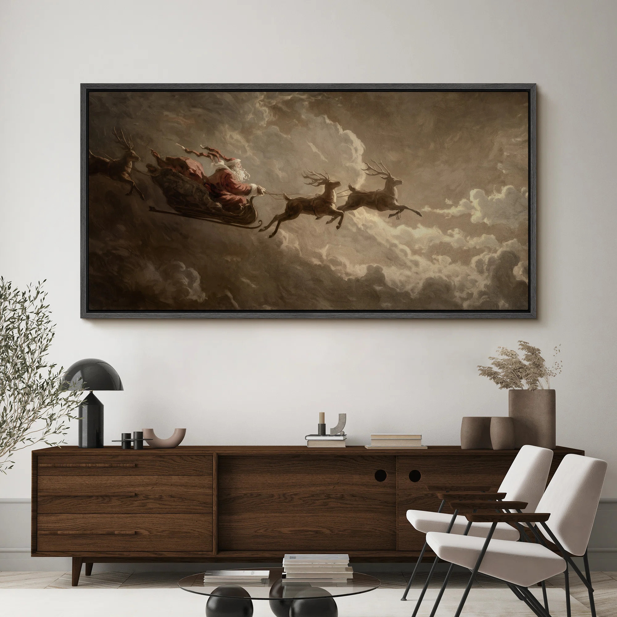 Vintage Santa Sleigh Reindeer Christmas Artwork Extra Large Pictures Framed Canvas Print Wall Art | Wayfair North America