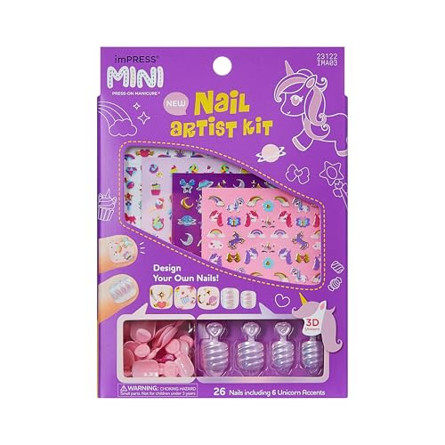 Kiss Impress No Glue Mani Press On Nails, Mini, 'Unicorn Dream', Multicolor, Kids Size, Squoval Shape, Includes 26 Nails, 4 Sticker Sheets, 1 Mini File | Amazon (US)