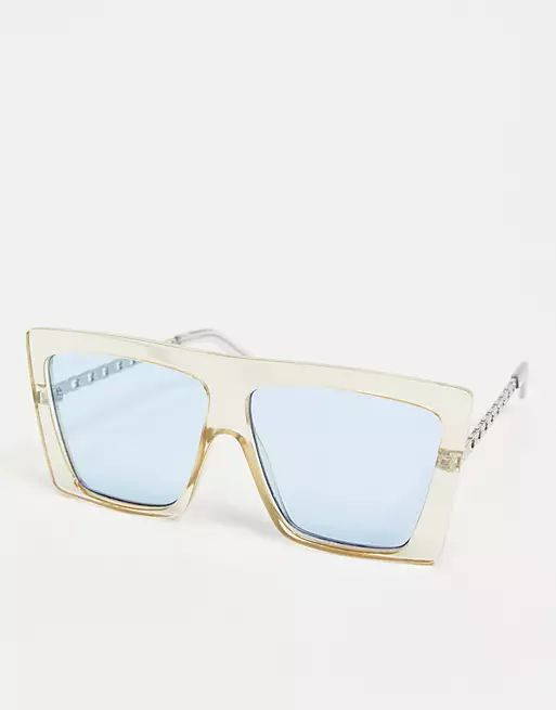 ASOS DESIGN recycled frame oversized visor sunglasses with chain metal arms in crystal yellow | ASOS (Global)