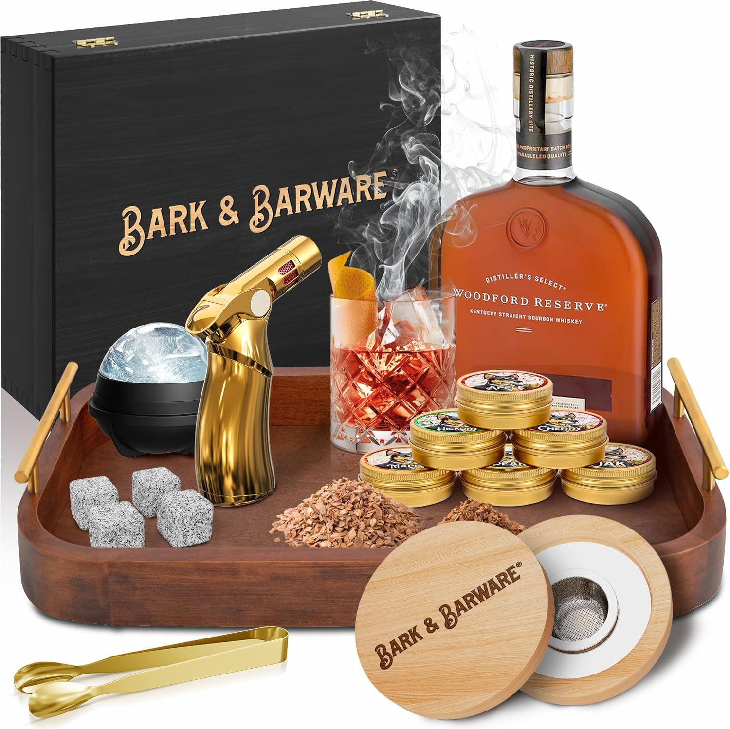 Bark & Barware Premium Cocktail Smoker Kit with Torch - Black Wood Box, Gold Tools, 6 Flavors Chi... | Amazon (US)