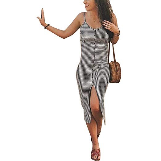 Women's Spaghetti Strap Dress - Sexy V Neck Button Front Split Stripe Midi Dresses | Amazon (US)
