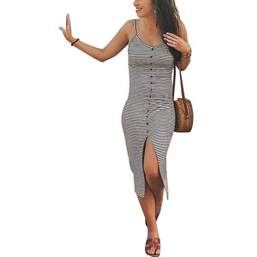 Women's Spaghetti Strap Dress - Sexy V Neck Button Front Split Stripe Midi Dresses | Amazon (US)