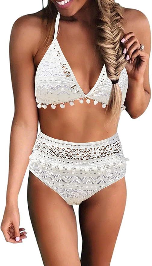 LookbookStore Women Summer Crochet Lace High Waisted 2 Piece Bikini Set Swimsuit | Amazon (US)
