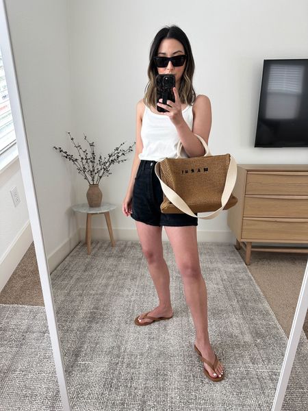 Reformation white tank. Love this for hot days. Linked my bra I’m wearing with it too. 

Reformation tank xs
Agolde Dee shorts 26
Tkee sandals 5
Marni tote 
YSL sunglasses 

#LTKshoecrush #LTKSeasonal #LTKitbag