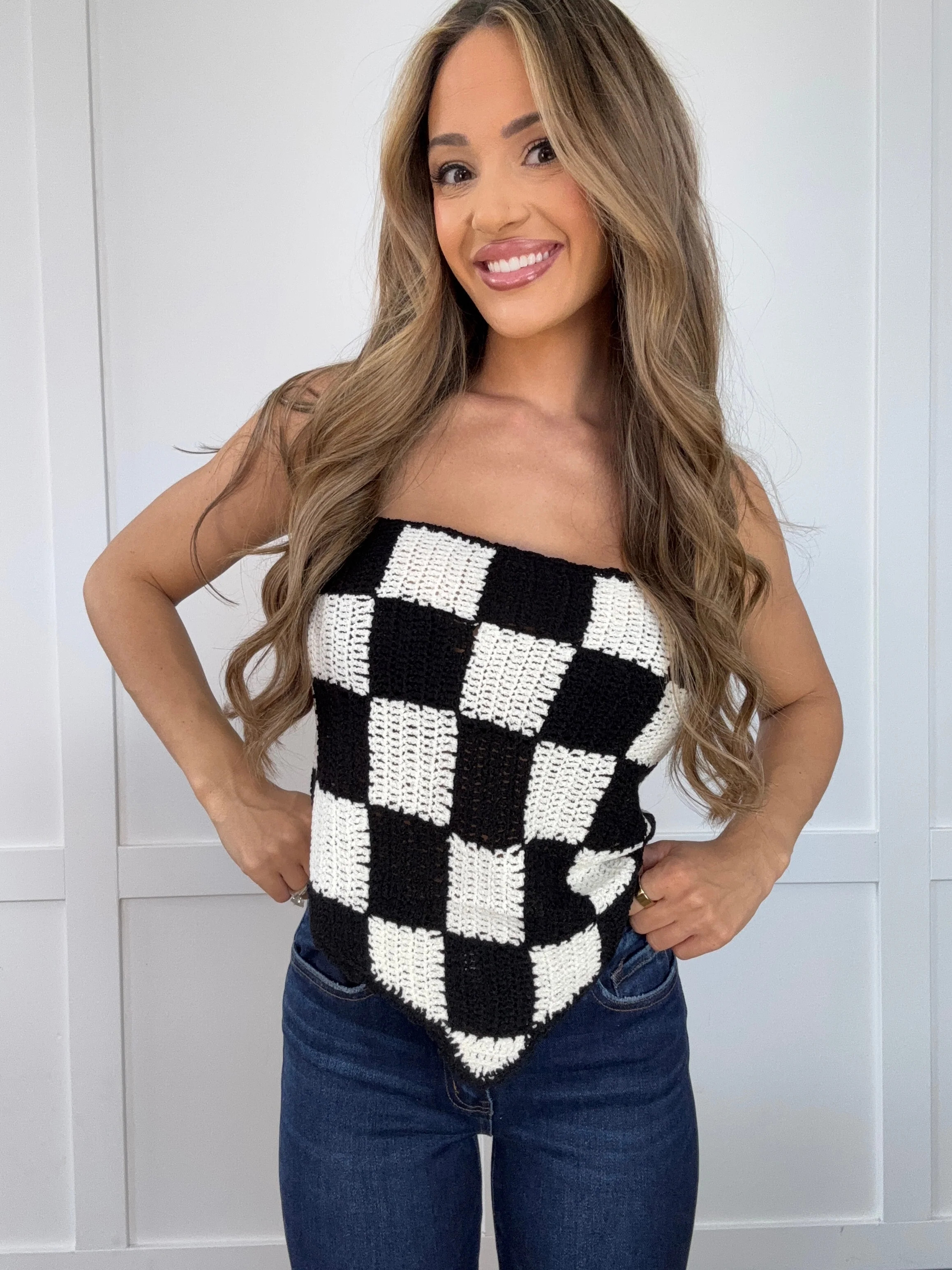 Checkerboard Tie Back Sleeveless Knitted Tank | Willow Boutique