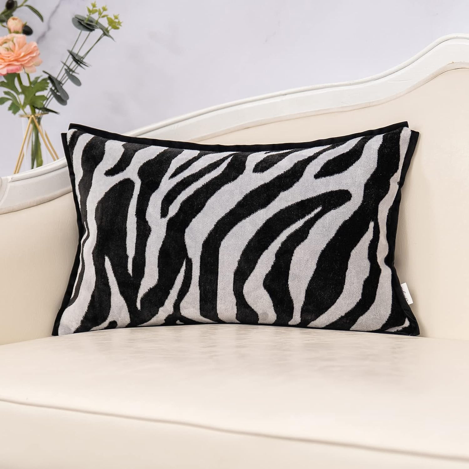 Black Rectangle Pillow Cover Cut Velvet Zebra Print Cushion Cover Luxury Modern Pillowcover for Couch Living Room Bedroom,12x20 Inch | Amazon (US)