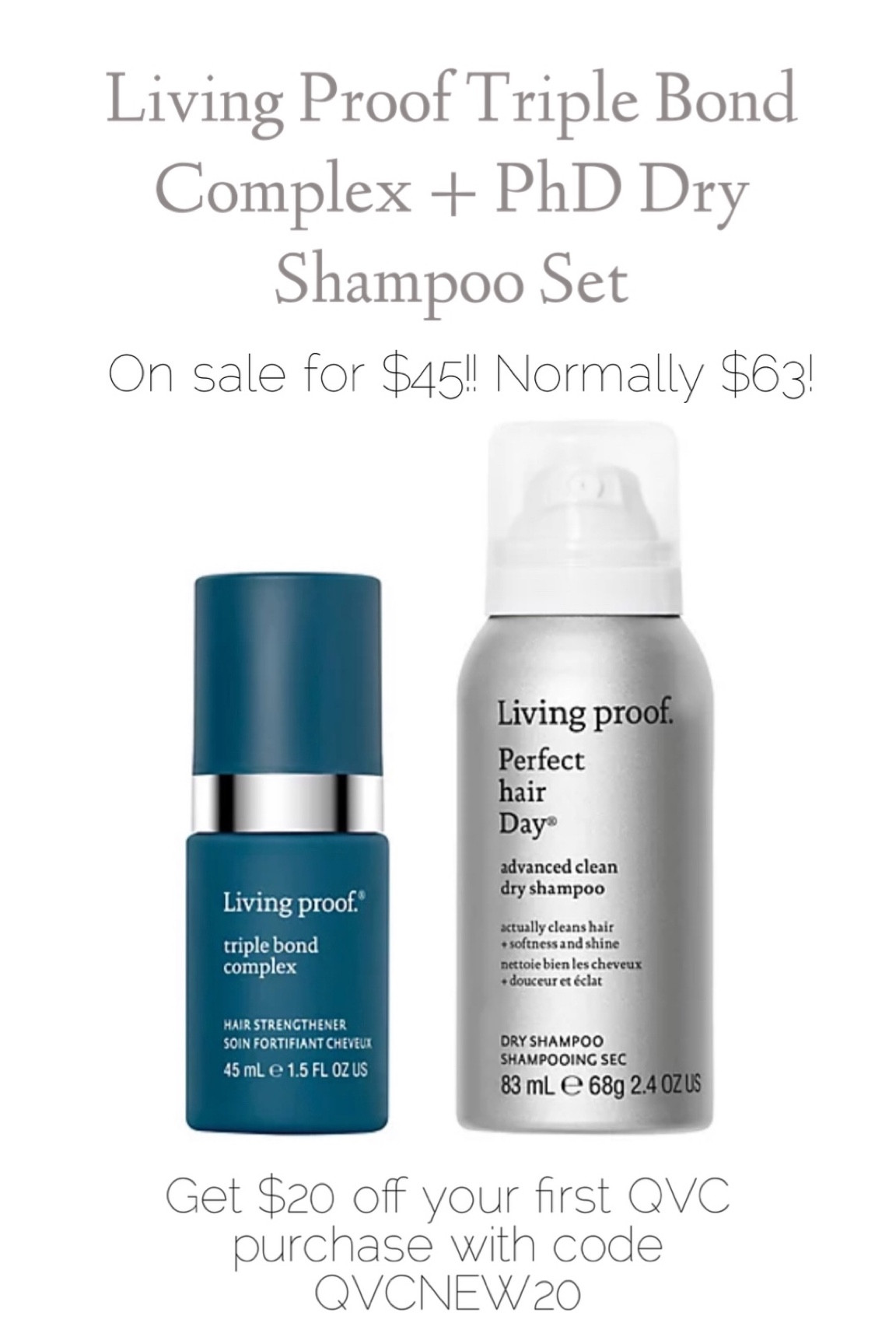 #ad Living Proof Triple Bond Complex + PhD Dry Shampoo set on sale @qvc for $45! Normally $63! 

New QVC customers can get an ADDITIONAL $20 off with code QVCNEW20! 

The @livingproof Triple Bond Complex is a weekly leave in treatment that makes your hair silky smooth & soft!! 

The Living Proof PhD Advanced Dry Shampoo is my favorite dry shampoo! It leaves your hair actually feeling clean and not chalky! 

#LoveQVC #LTKGiftGuide

#LTKsalealert #LTKbeauty