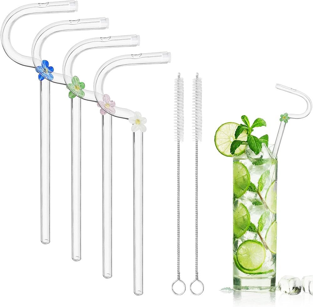 Anti Wrinkle Straw 4 Pieces No Wrinkle Straws Glass Straws with Flowers Reusable Glass Straws wit... | Amazon (US)