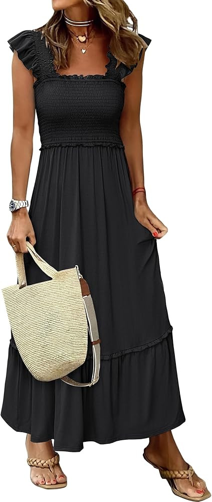 ANRABESS Womens Summer Sleeveless Maxi Dress Square Neck Smocked Boho Casual Ruffle Strap Flowy A... | Amazon (US)