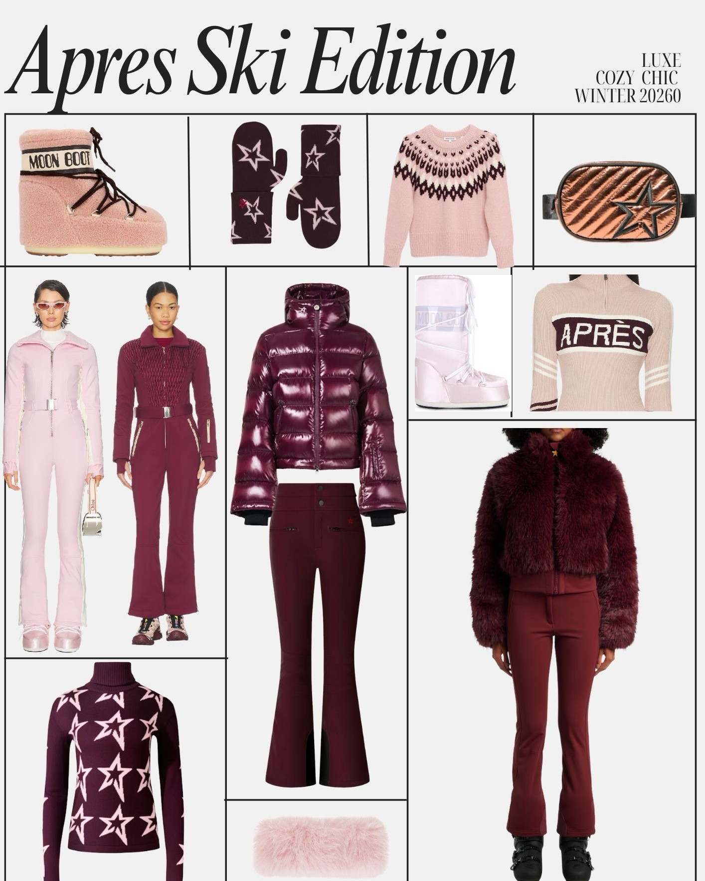 Dark Cherry girl ski era ⛷🍒  

2026’s most dominant ski trend is all about deep cherry tones mixed with soft blush, and these pieces take you straight from first chair to apres ski. Think curve-hugging Goldbergh suits, Fair Isle knits , glossy puffers, and fuzzy accessories you actually want to wear off the mountain too. Mix of brands such as @Perfectmoment @Goldbergh @Frame @theupside and base layers from Amazon.