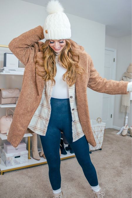 This Sherpa coat has probably been my go to so far this year! It’s warm and cozy, trendy, and can be dressed up or dressed down. I’m wearing a size small in the coat.
Wearing a size extra small in the turtleneck. Wearing a size extra small in the leggings, but probably could have gone with a small. 
