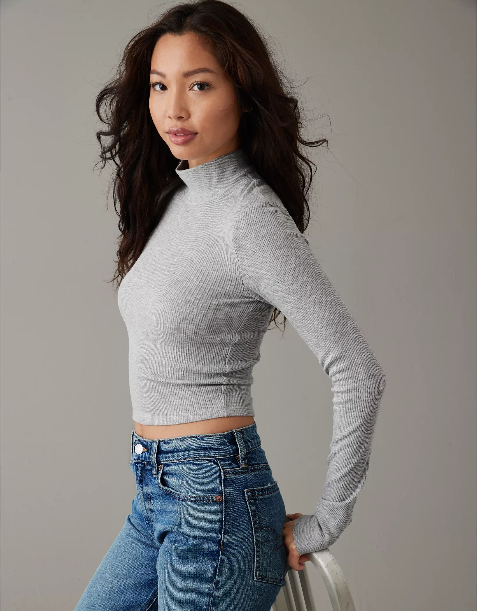 AE Long-Sleeve Cropped Hey Baby Mock Neck Tee | American Eagle Outfitters (US & CA)