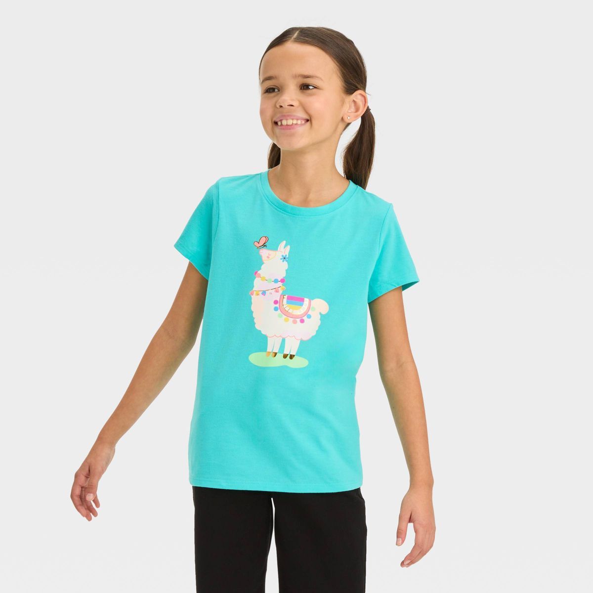 Girls' Short Sleeve 'Llama' Graphic T-Shirt - Cat & Jack™ Turquoise Blue | Target