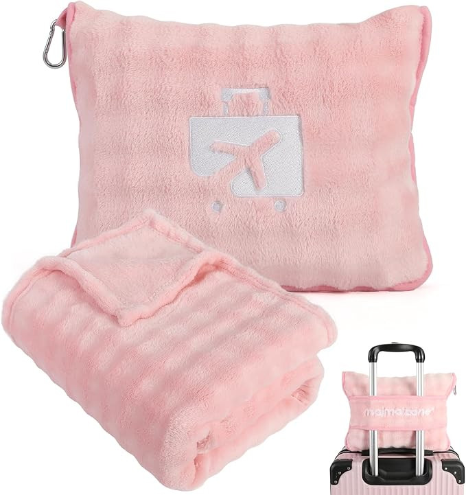 Pink Travel Blanket for Airplane, Soft Lightweight Flannel Blanket, Compact & Portable with Stora... | Amazon (US)