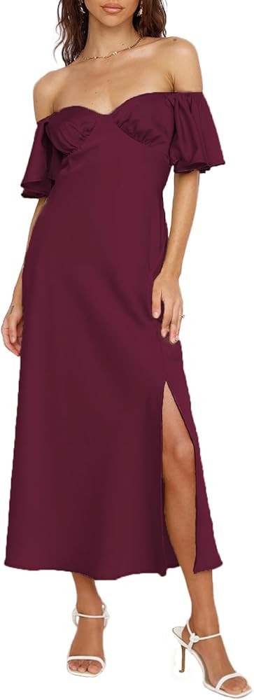 2023 Summer Women's Satin Off Shoulder Formal Dress Wedding Guest Elegant Butterfly Sleeve Split ... | Amazon (US)