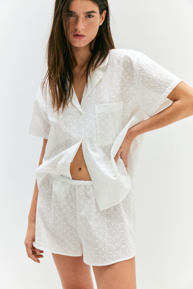 Pajamas with Eyelet Embroidery - White - Ladies | H&M US | H&M (US + CA)