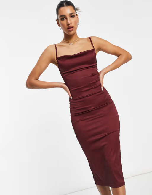 Parisian satin cami strap midi dress with cowl neck in burgundy | ASOS (Global)